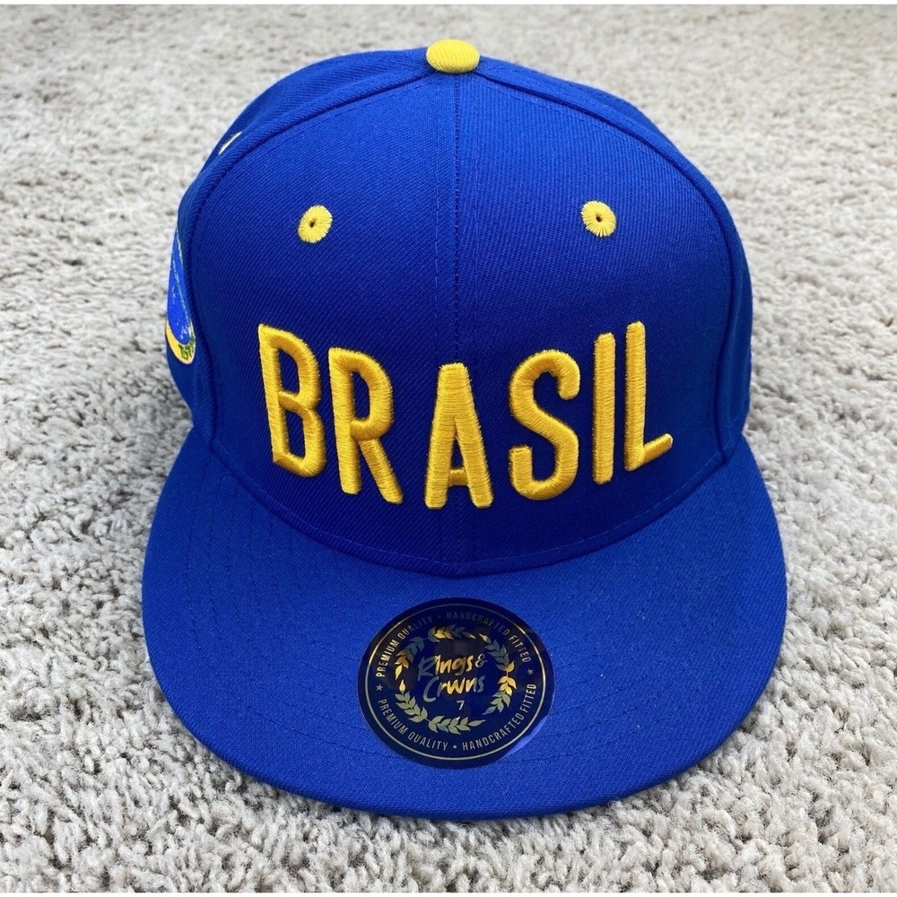 Rings & Crwns Brasil Country Pride Fitted Hat Size 7 Royal Blue Brazil Flag Cap